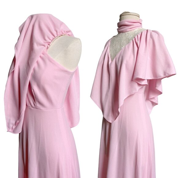 70s vintage victorian maxi dress Cape Sleeve lace cutout cottage high collar. - Picture 6 of 7